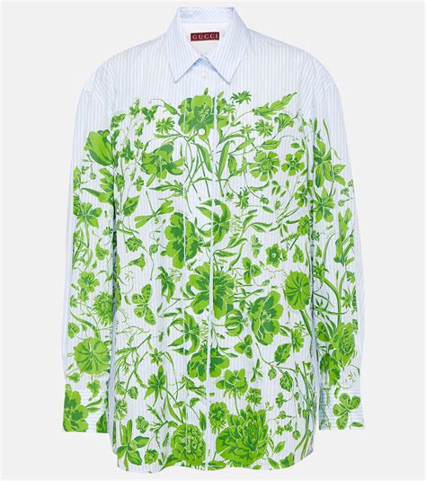 shirt fiori gucci stampati|Gucci Flowers striped cotton shirt in green .